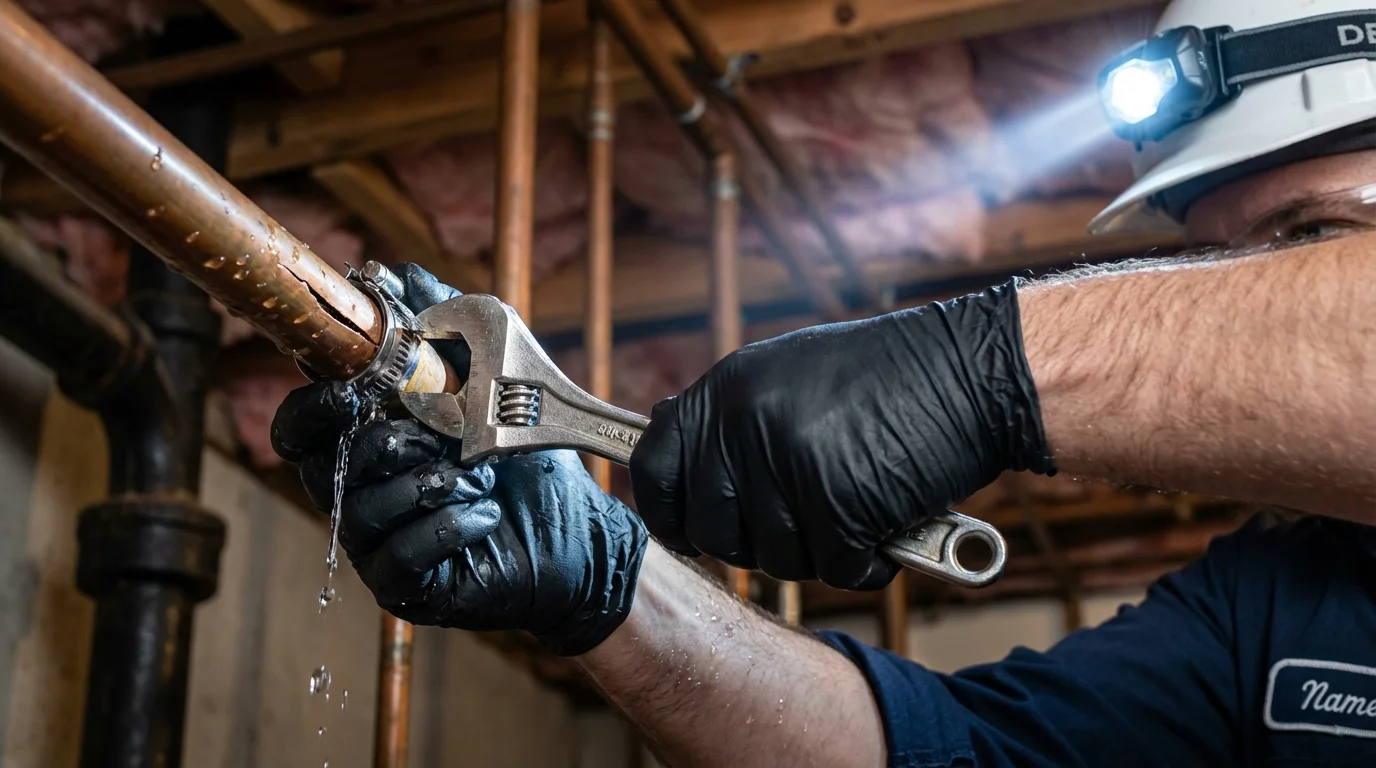 Emergency pipe clamp repair being performed by a Johns Plumbing LLC plumber in Pahrump