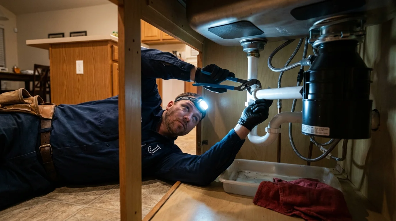P-trap and supply line connections under a kitchen sink showing a common leak point in Pahrump, NV